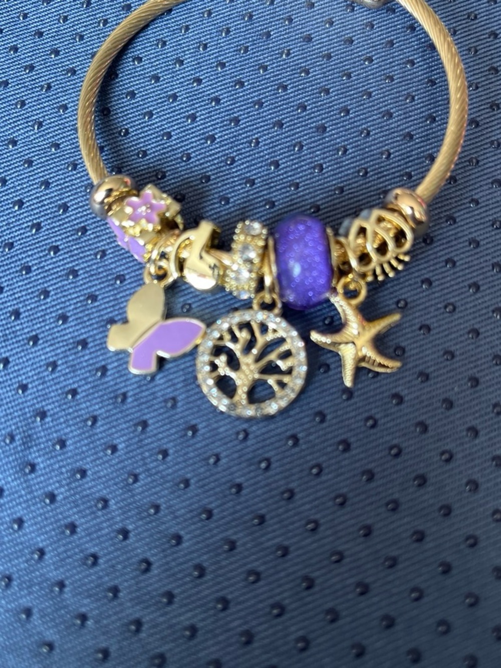 Gold-Tone Purple Charm Bangle Bracelet with Tree, Butterfly & Starfish